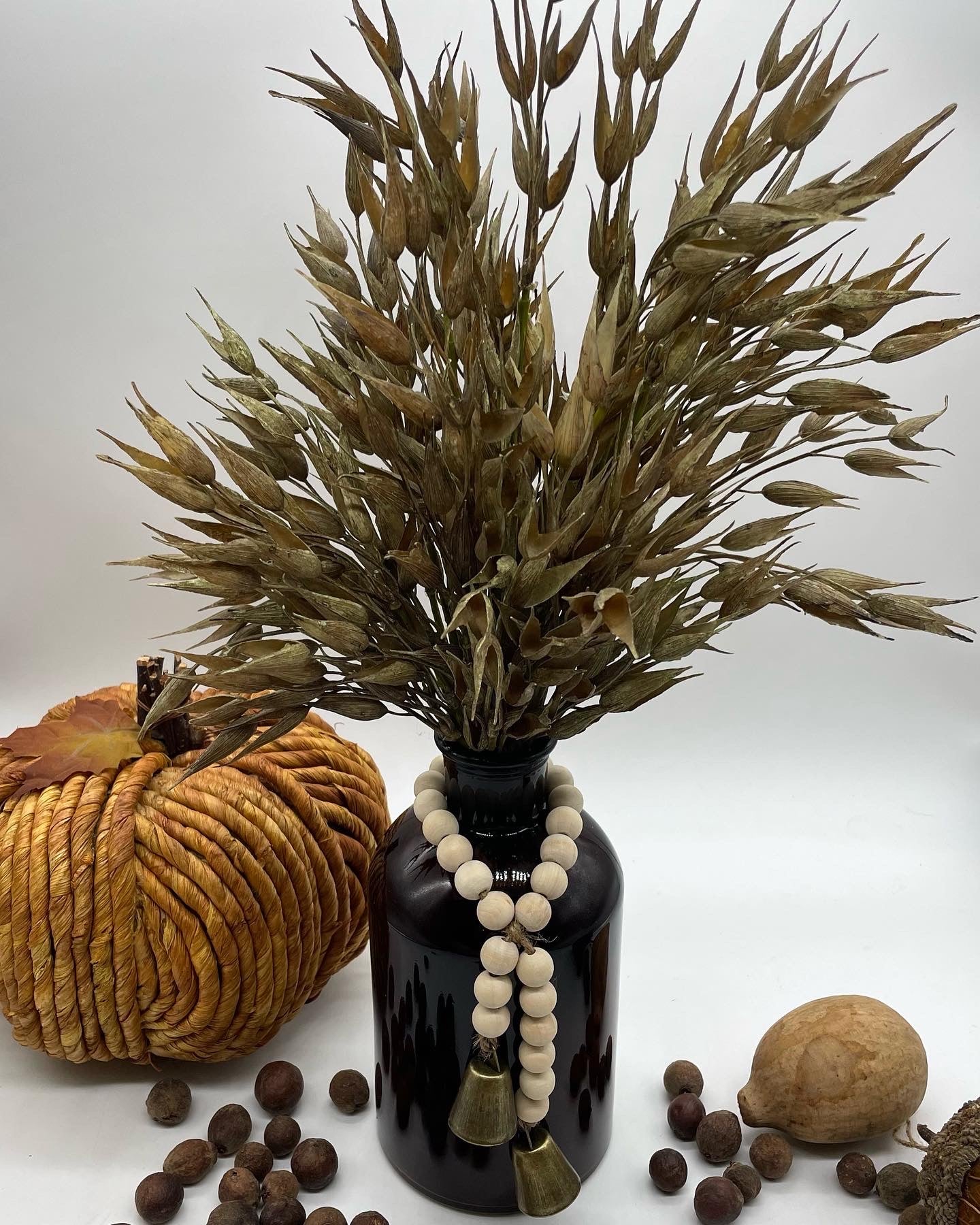 Tall Fall Wheat Arrangement in Brown Bottle Vase, Farmhouse Harvest Decor