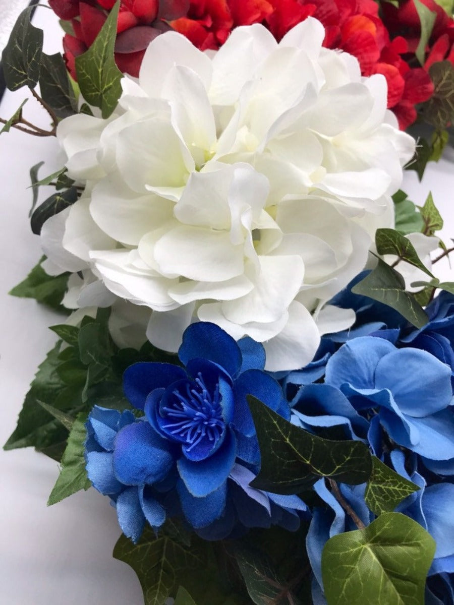 close up of hydrangea flowers in 4th of July Wreath for Front Door