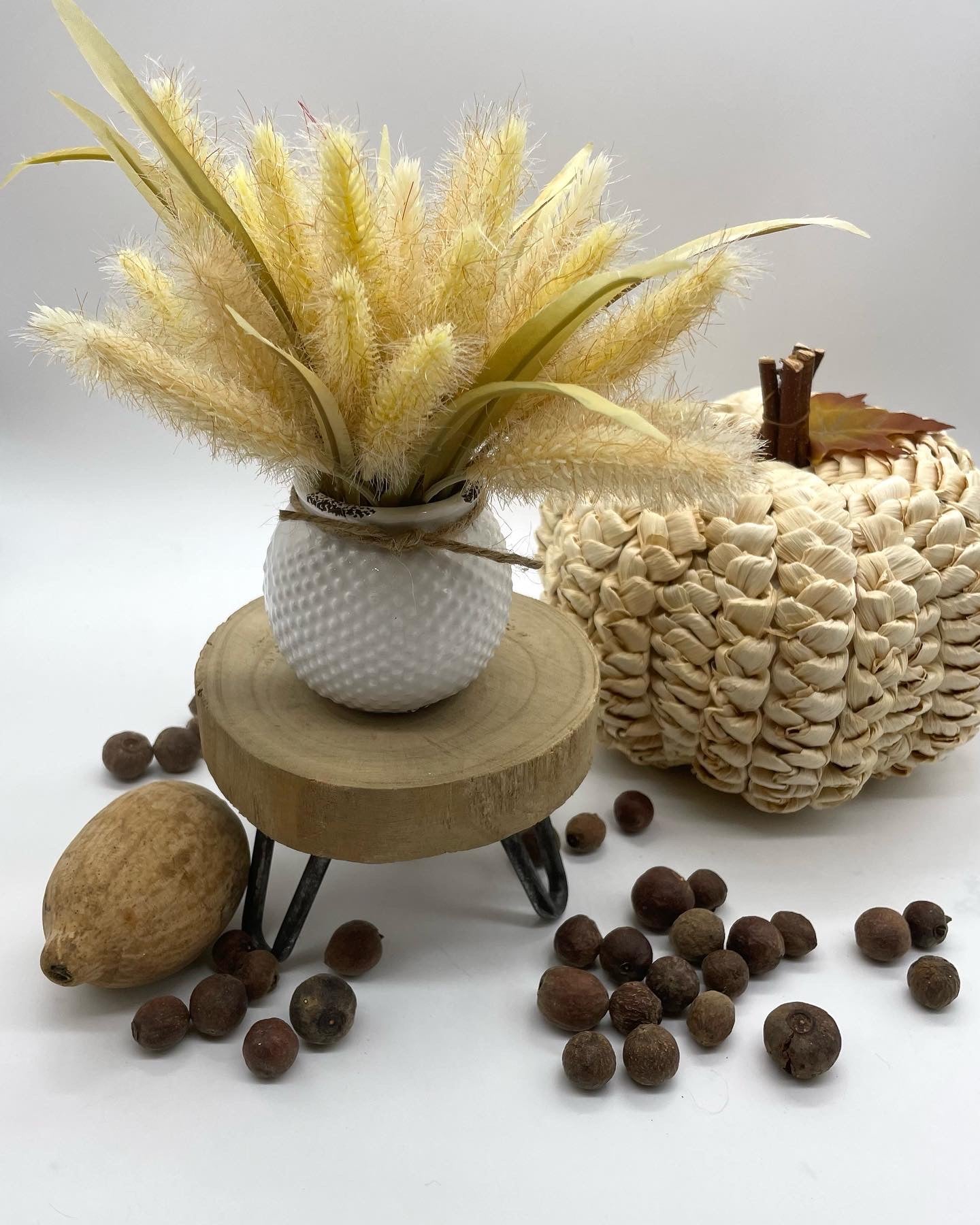 Fall Wheat in White Ceramic Vase, Small Autumn Arrangement for Coffee Table