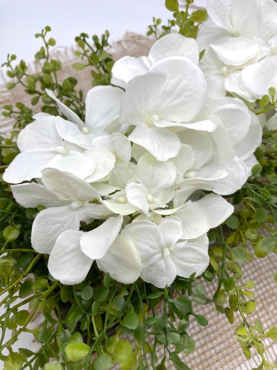 FarmhouseCenterpieceDiningTable, white hydrangea arrangement, by allseasonshousedecor