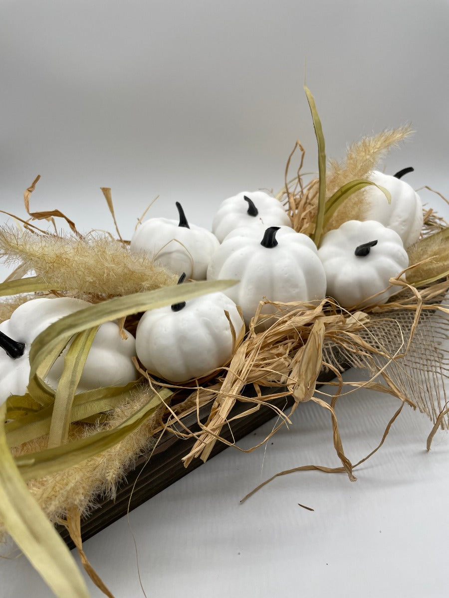 White Pumpkin Long Centerpiece, Rustic Autumn Arrangement, Fall Table Decor