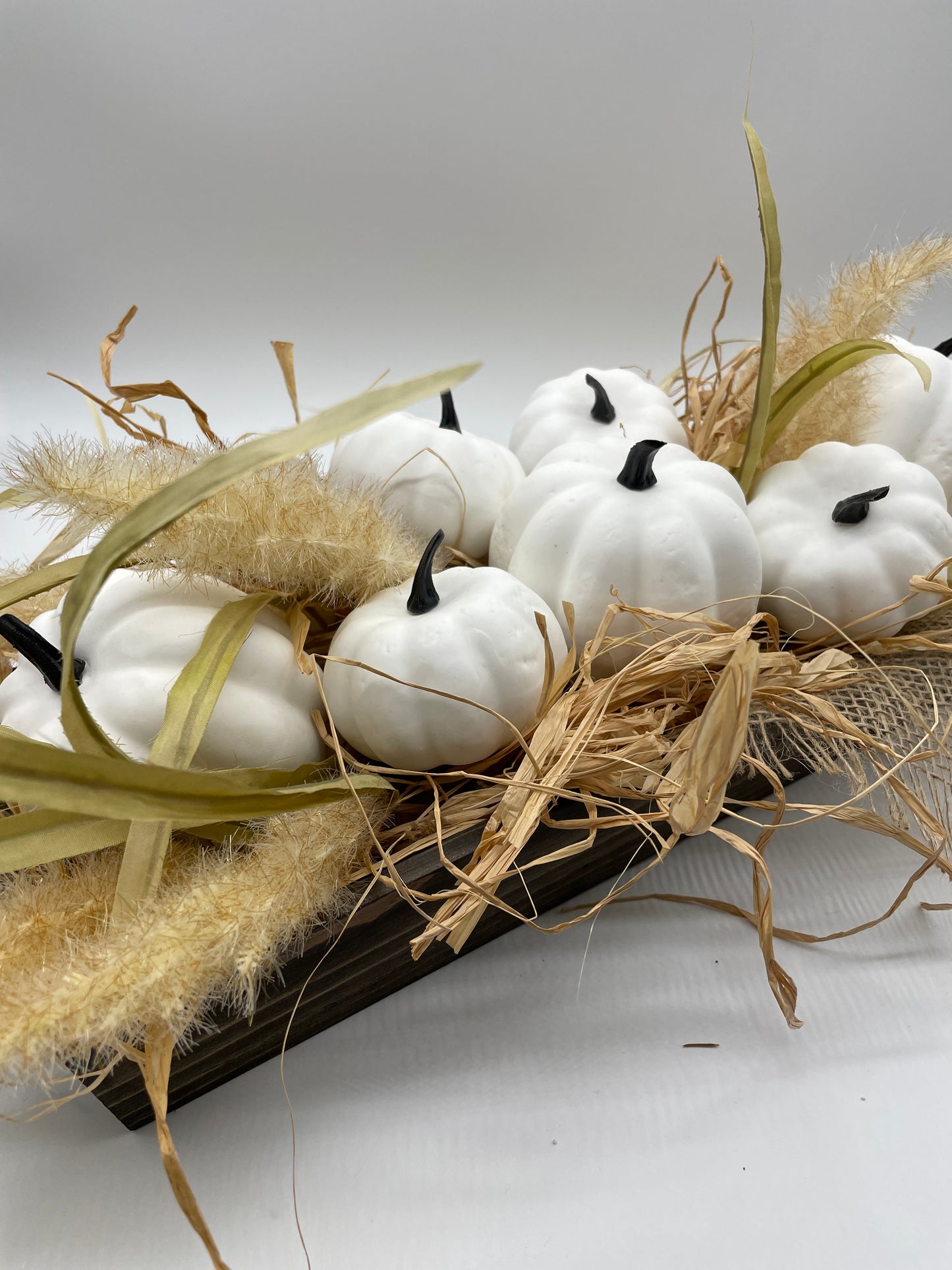 White Pumpkin Long Centerpiece, Rustic Autumn Arrangement, Fall Table Decor