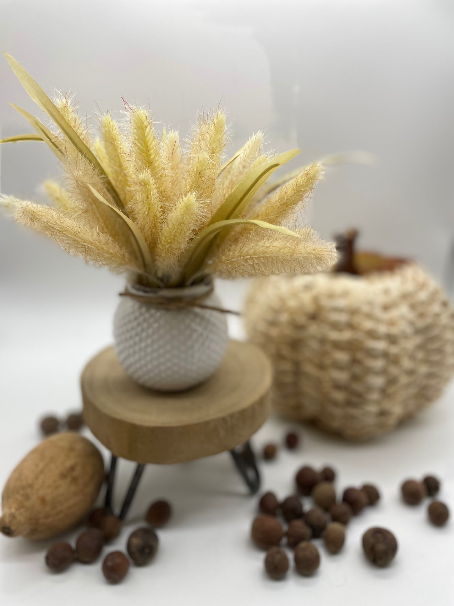 Fall Wheat in White Ceramic Vase, Small Autumn Arrangement for Coffee Table