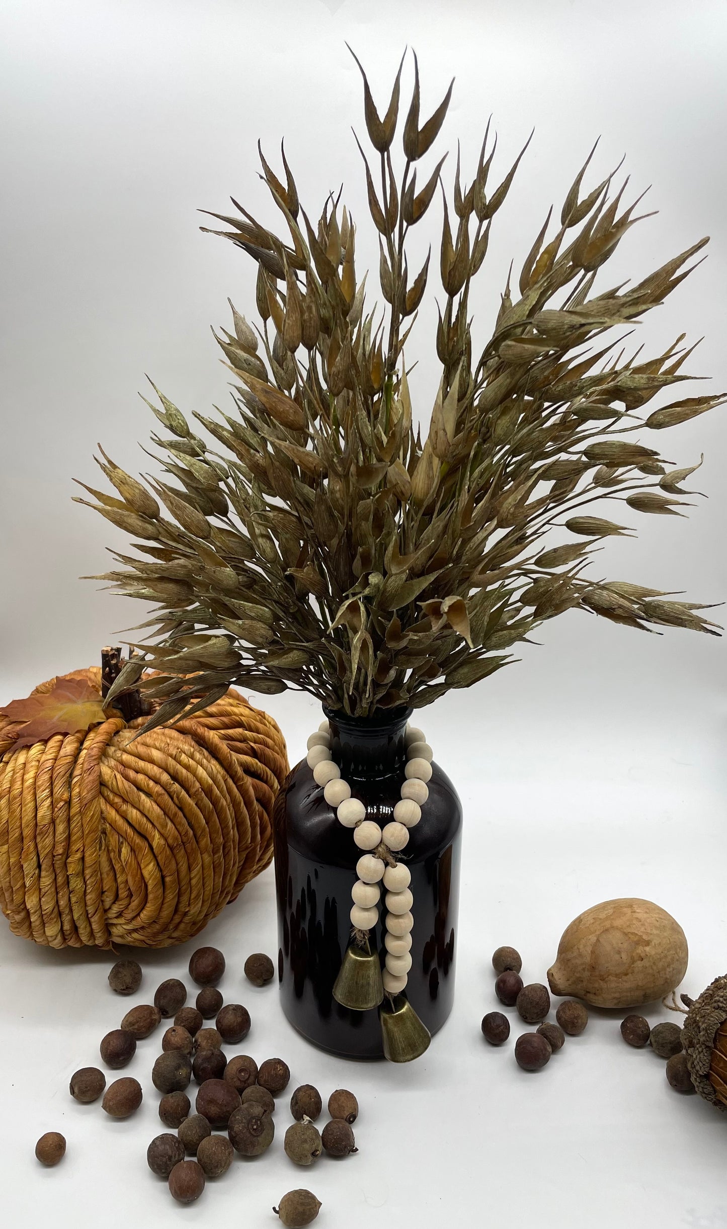 Tall Fall Wheat Arrangement in Brown Bottle Vase, Farmhouse Harvest Decor