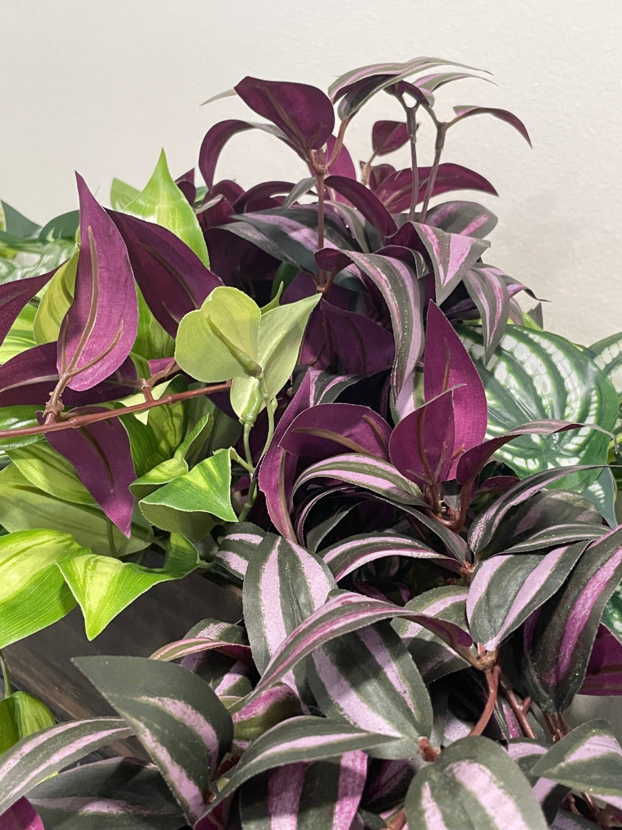 Silk Ledge Plants in Wooden Planter, four different types of plants in green, green-white and burgundy, overlapping from wooden planter