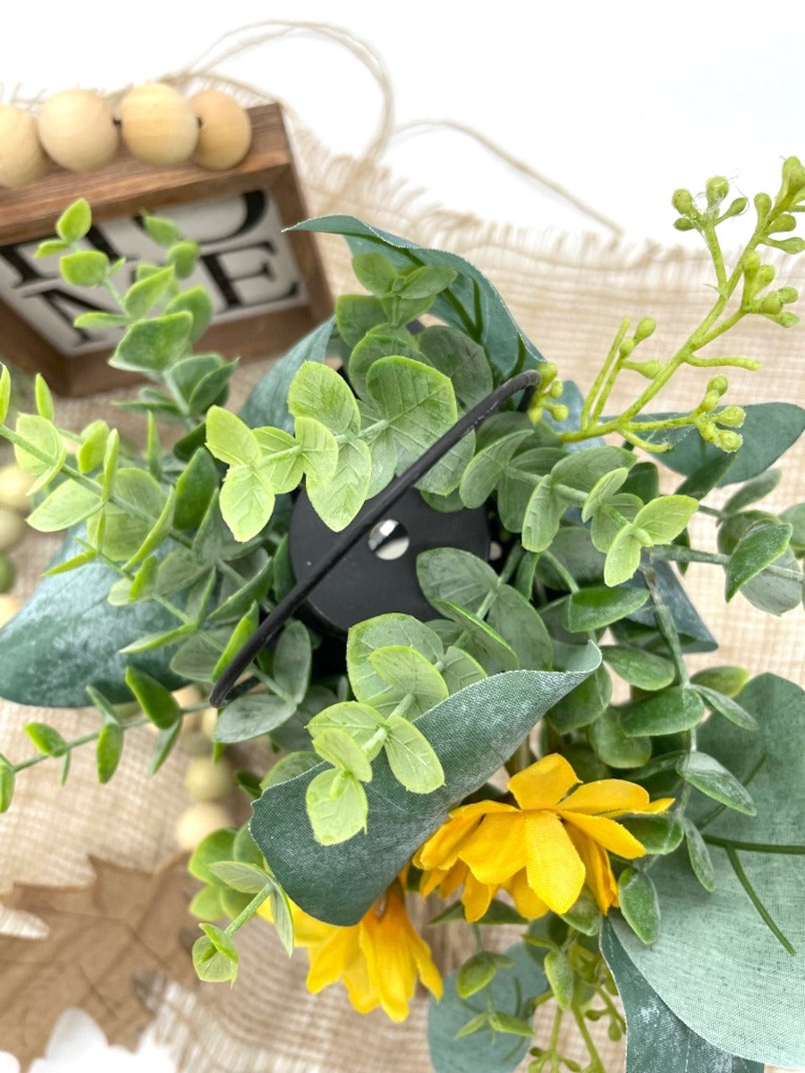 view from top Black Lantern Tray Decor with sunflower and wooden beads fall garland