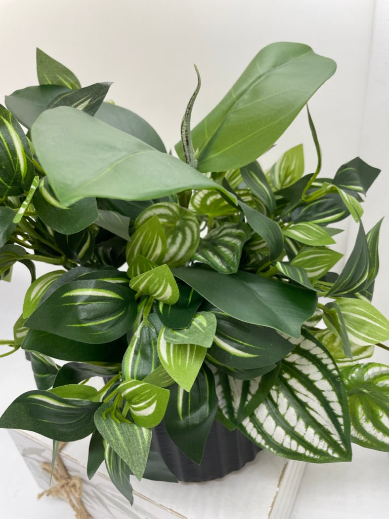 Fake Plant Mix in Black Ceramic Pot, Elegant Silk Greenery, Lifelike Plants