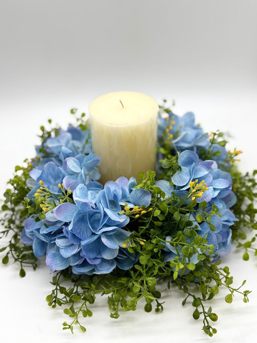 blue hydrangea table wreath with candle