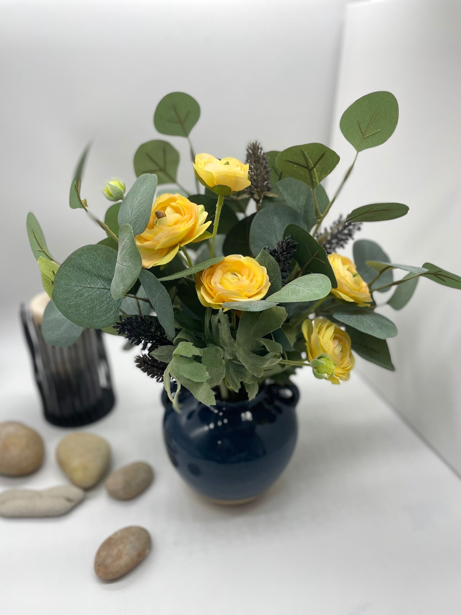 Summer Flower Arrangement, Fake Flowers Bouquet in Ceramic Blue Vase, Elegant Floral