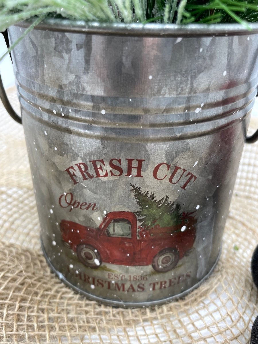 Christmas Arrangement with evergreen and pinecones in metal tin with red truck on it, Holiday Table Decor, Xmas Centerpiece for shelf and table