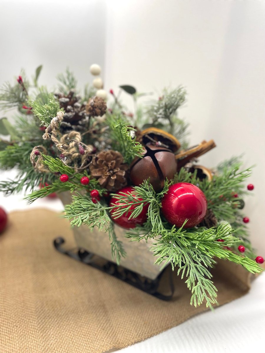 Christmas Sleigh Centerpiece, Xmas Arrangement, Holiday Home Decor, with artificial evergreen and red ornaments, by AllSeasonsHouseDecor