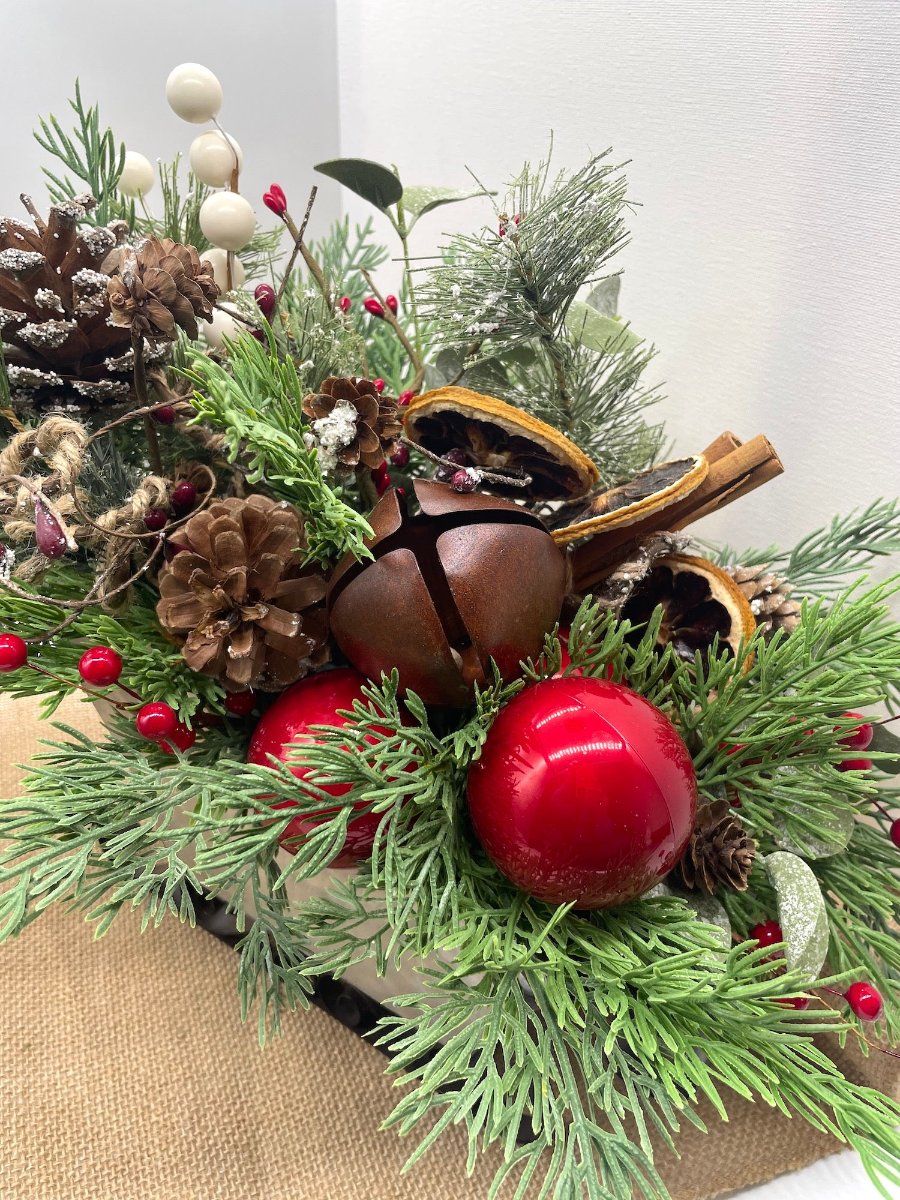 Christmas Sleigh Centerpiece, Xmas Arrangement, Holiday Home Decor, with artificial evergreen and red ornaments, by AllSeasonsHouseDecor