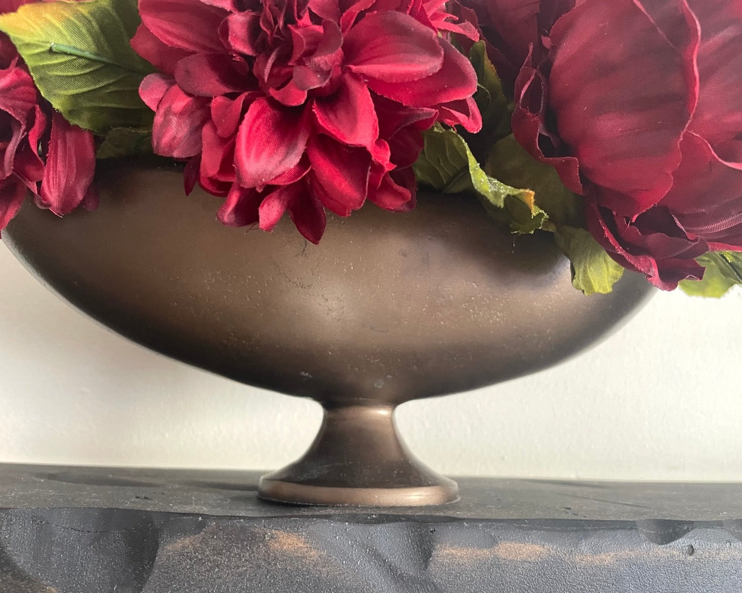 Elegant Faux Flower Arrangement in Unique Oval Vase, Stunning Burgundy Floral Centerpiece