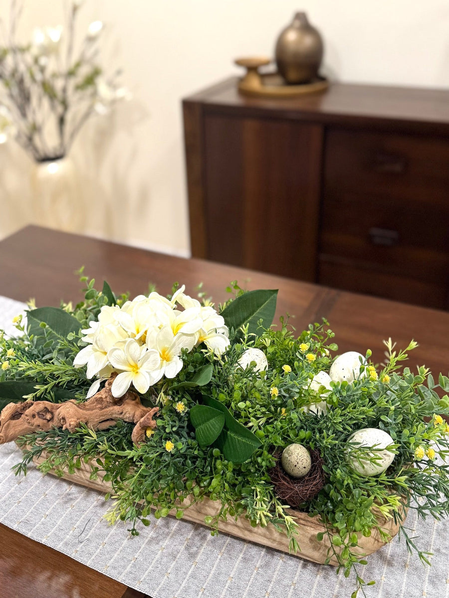 easter house plants Easter Floral Arrangement with Faux White Primrose in Wooden Bowl, Spring Table Centerpiece