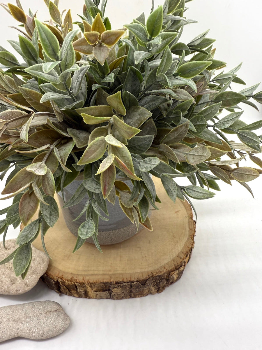 Artificial plant in a pot on a wooden slice with pebbles on a white background