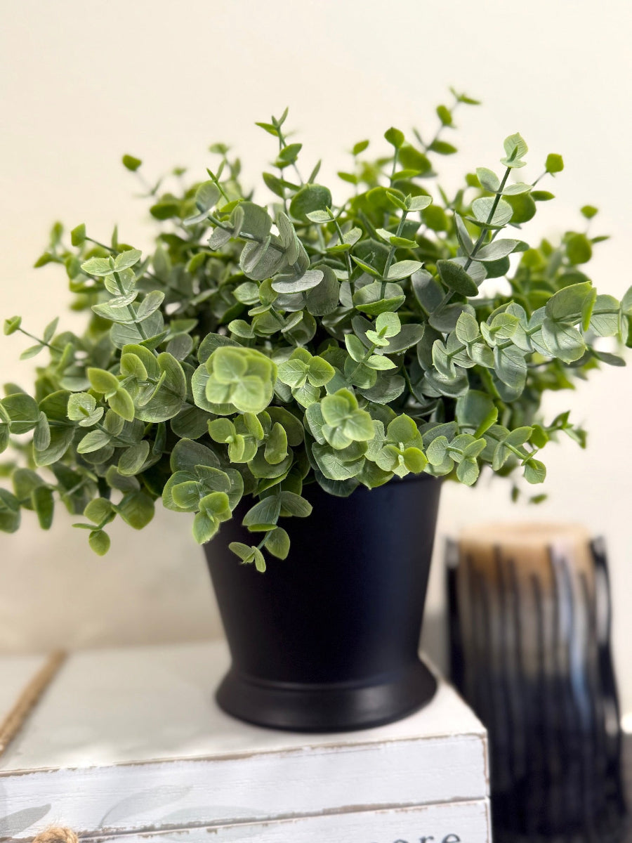 Lifelike Faux Plants eucalyptus stems in Black Vase Pot