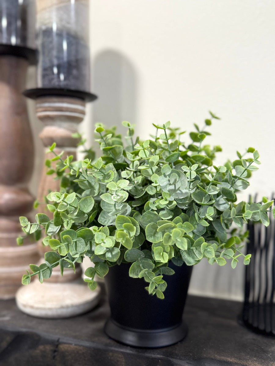 realistic house plants Faux Eucalyptus in Black Vase, Realistic Artificial Plant Decor – allseasonshousedecor.com