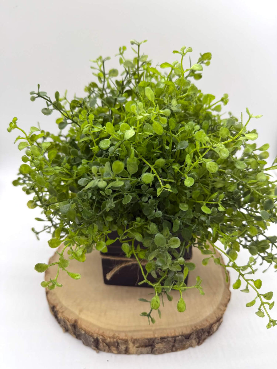 vivid green realistic artificial greenery in wooden square planter stained in expresso color and decorated with jute