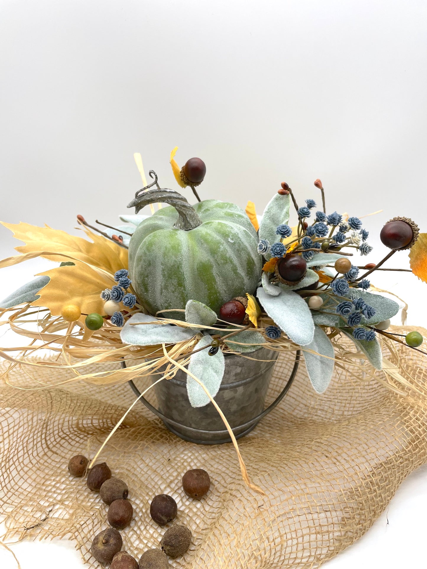 Green Pumpkin Arrangement in Metal Bucket, Fall Table Decor