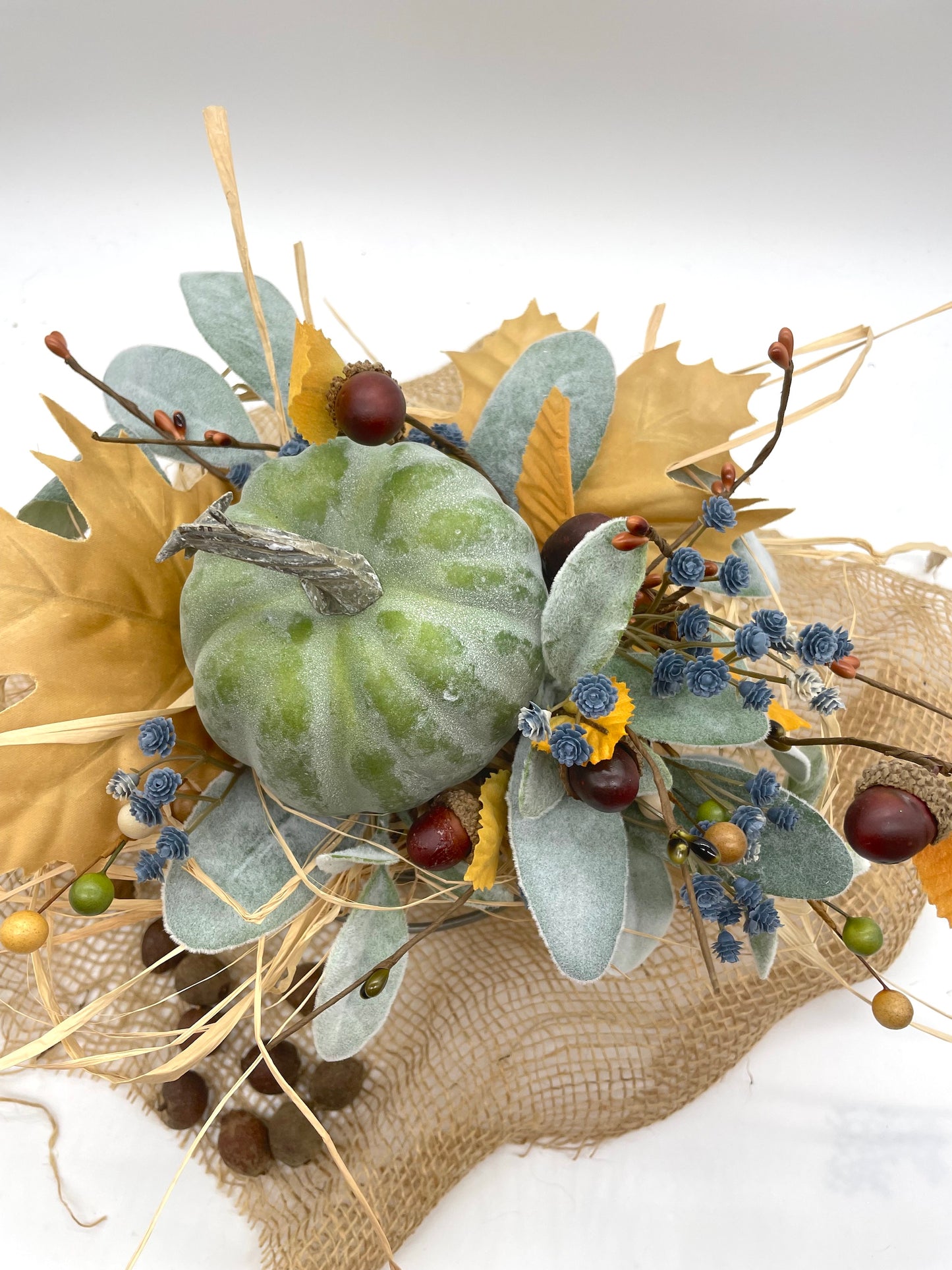 Green Pumpkin Arrangement in Metal Bucket, Fall Table Decor