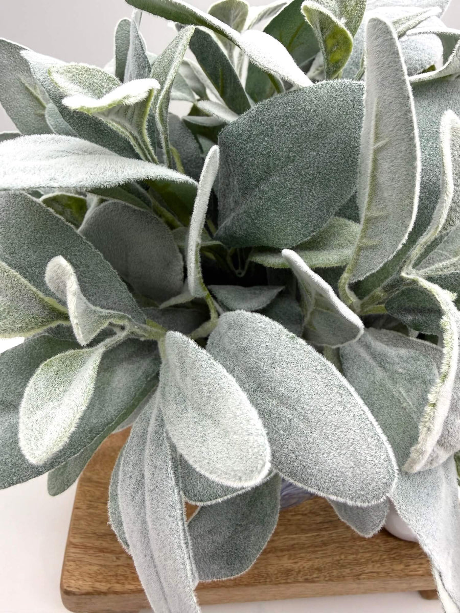 faux lambs ear arrangement in blue ceramic vase for kitchen decor