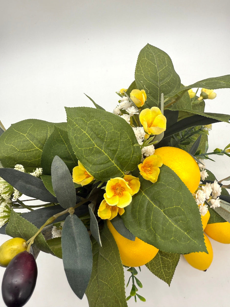 modern farmhouse greenery lemon arrangement in metal watering can