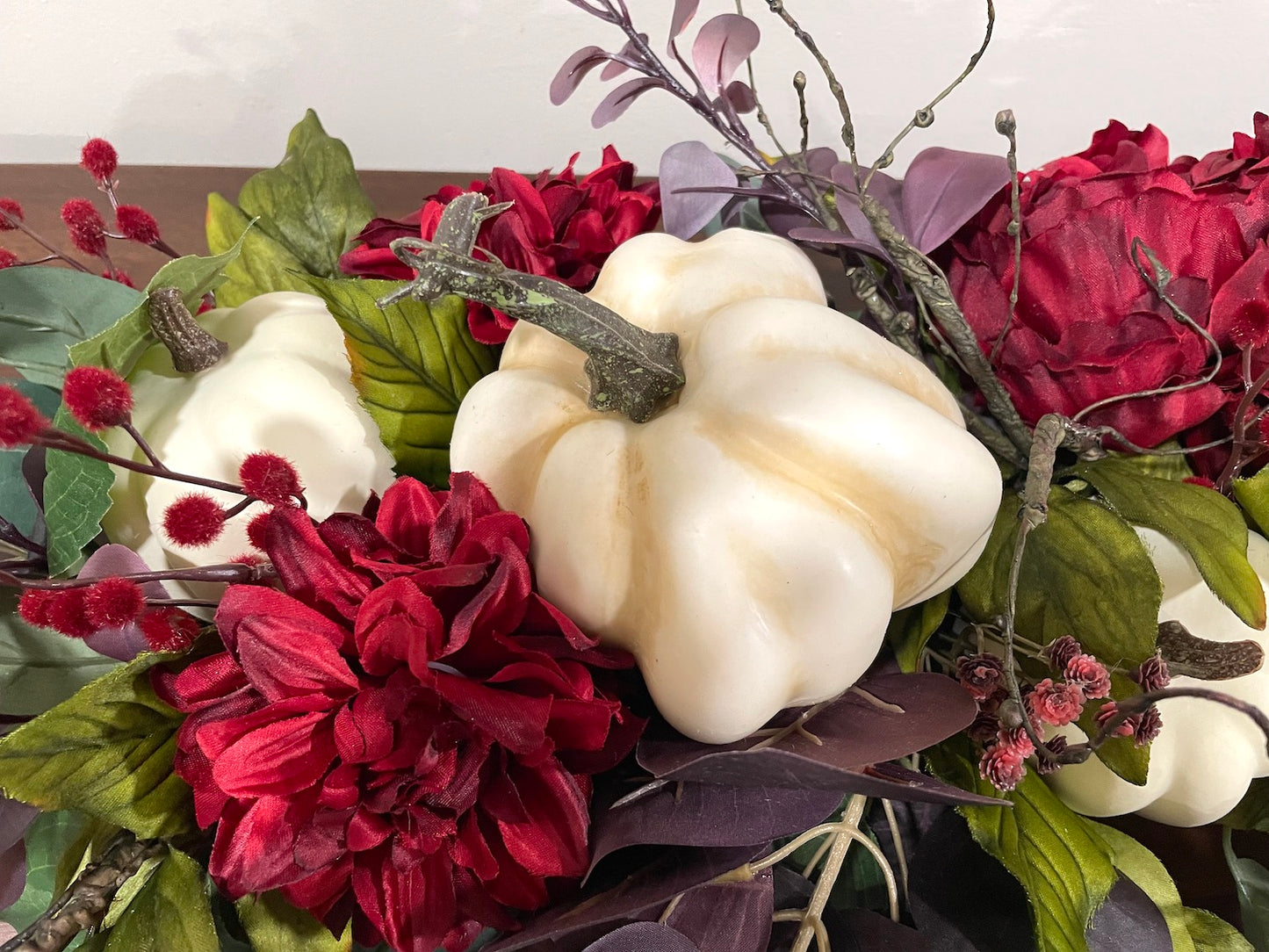 Luxury Fall Centerpiece with Faux Pumpkins & Flowers – Burgundy Thanksgiving Table Decor