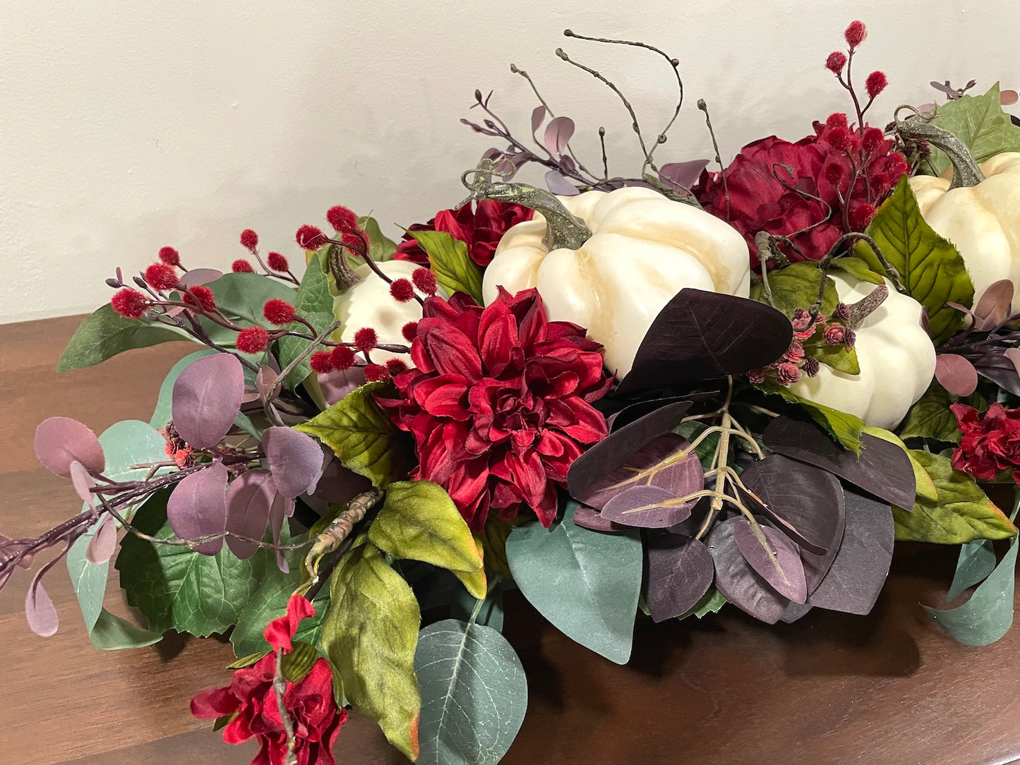Luxury Fall Centerpiece with Faux Pumpkins & Flowers in wooden planter– Burgundy Thanksgiving Table Decor