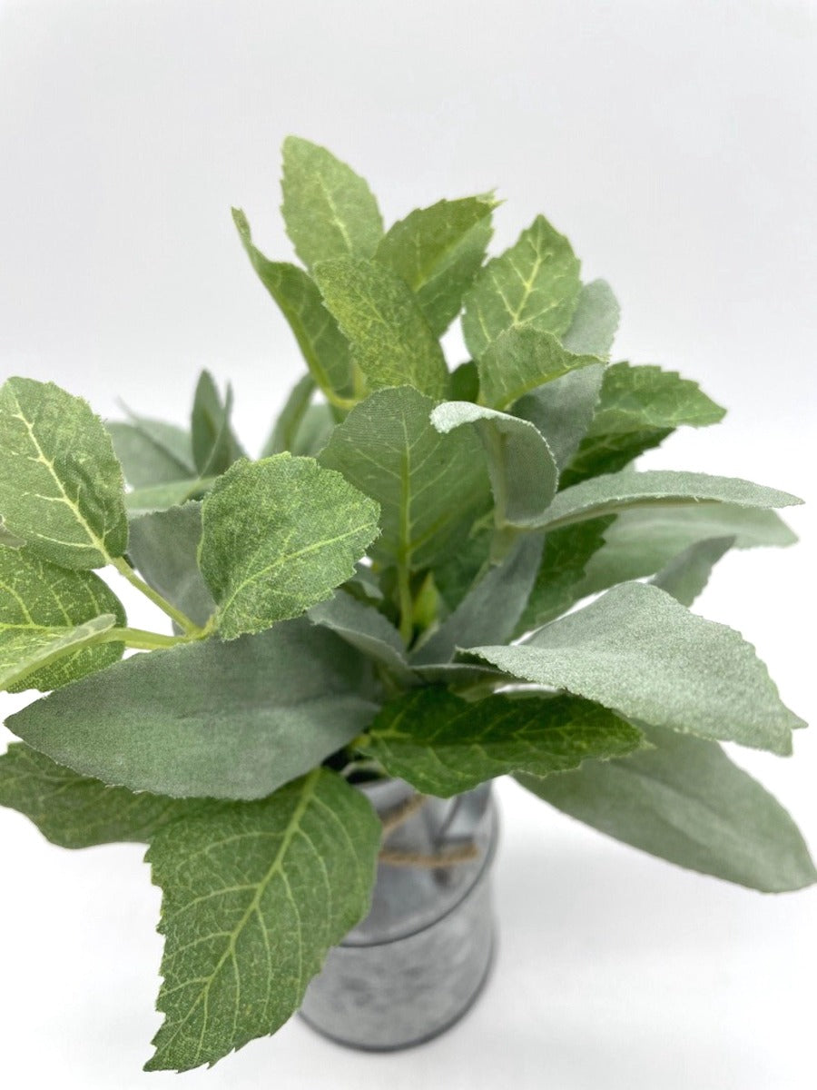 Mini Fake Plant bouquet of mint and sage in Metal Vase decorated with jute