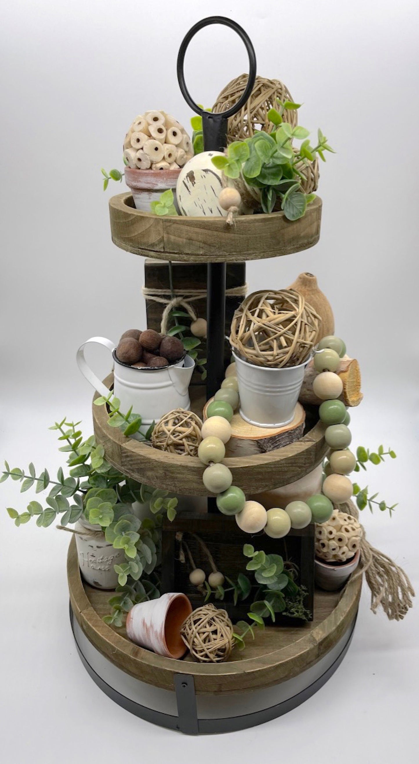 Mini Greenery Jars Tiered Tray Decor, Rustic Little Vases with Faux Eucalyptus