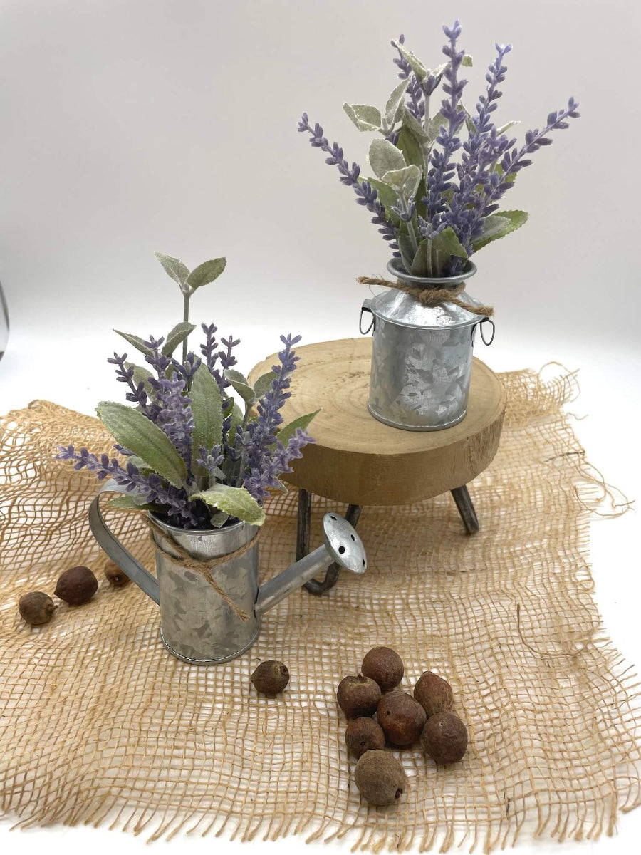 Mini Lavender Plant Arrangement Set of 2 in metal watering can and vase