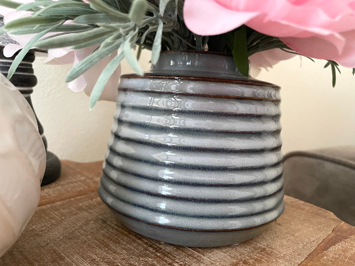 Pink Flowers in Vase, Elegant Floral Arrangement in Ceramic Gray Vase, Summer Coffee Table Decor, by AllSeasonsHouseDecor
