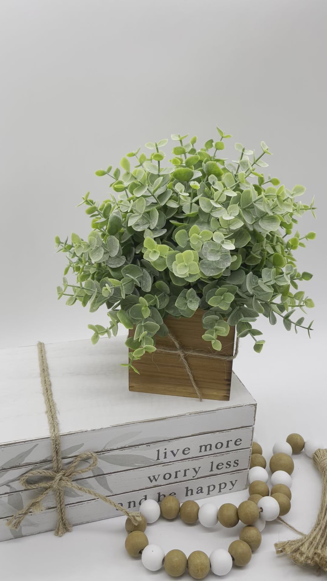 video for Faux Eucalyptus in Wooden Planter, Silk Plant Home Decor, premium fake houseplant