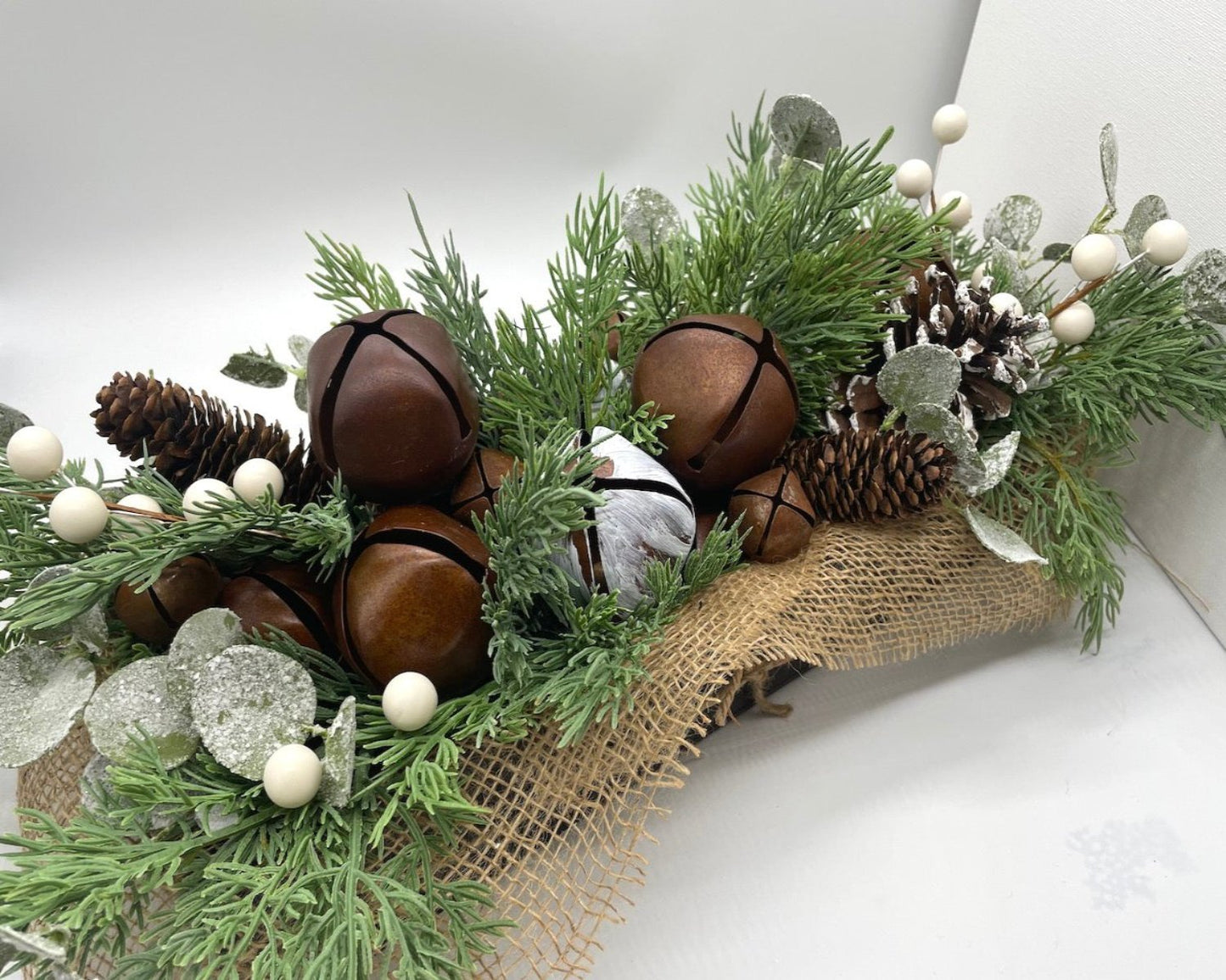 Christmas Centerpiece, Rustic Christmas Table Decor, Winter Arrangement with Metal Bells