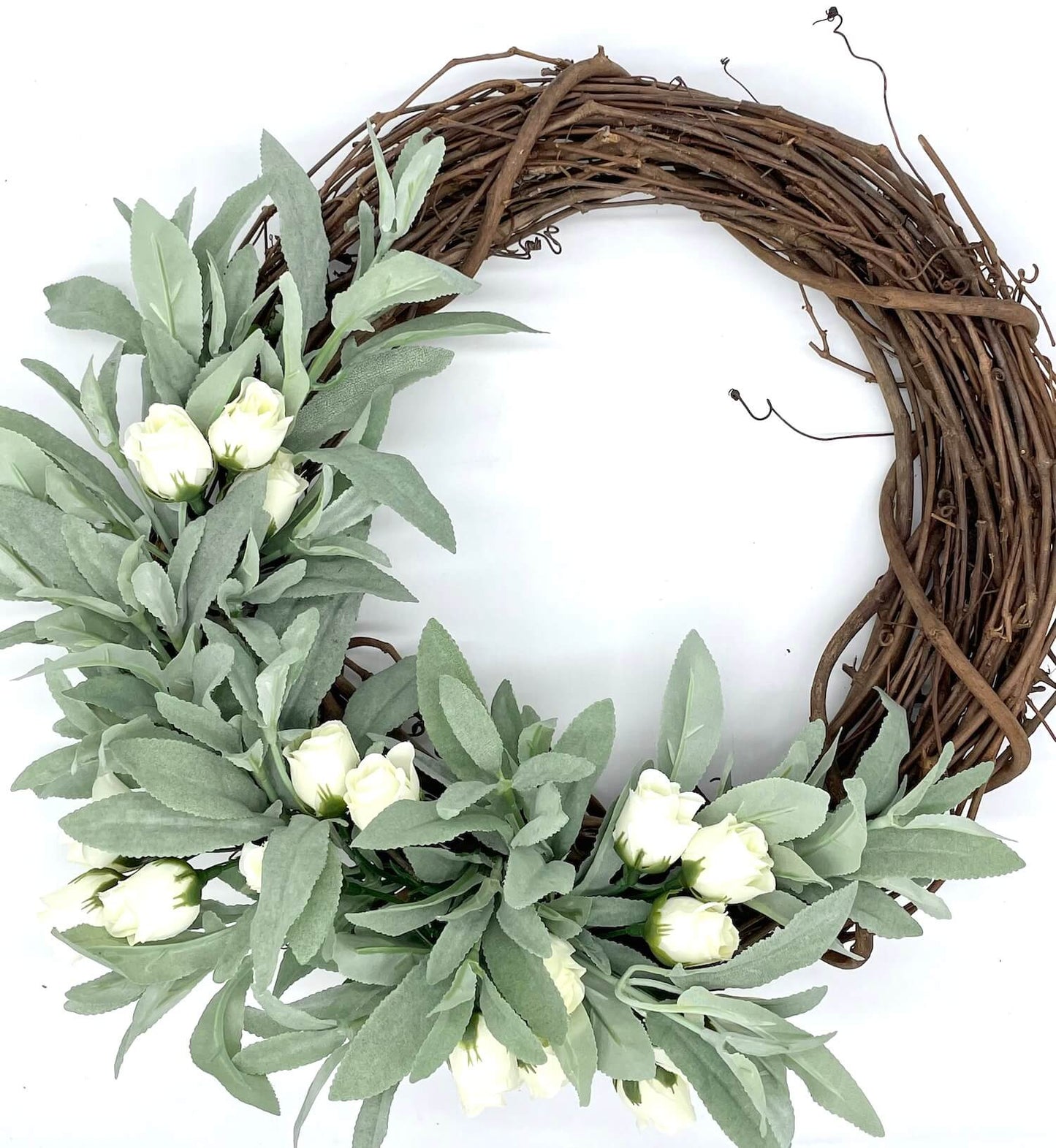 faux sage wreath with ivory roses on grapevine base