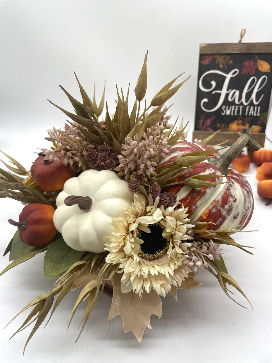 lush and elegant Fall Centerpiece with Pumpkins, Wheat & Faux Flowers