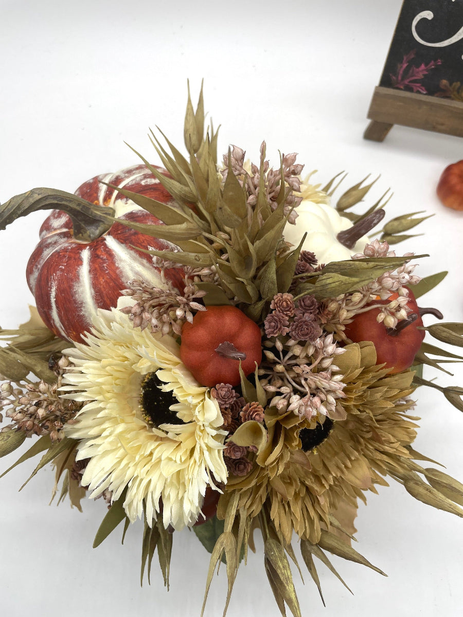 Fall Centerpiece with Pumpkins, Wheat & Faux Flowers on wooden base in farmhouse style