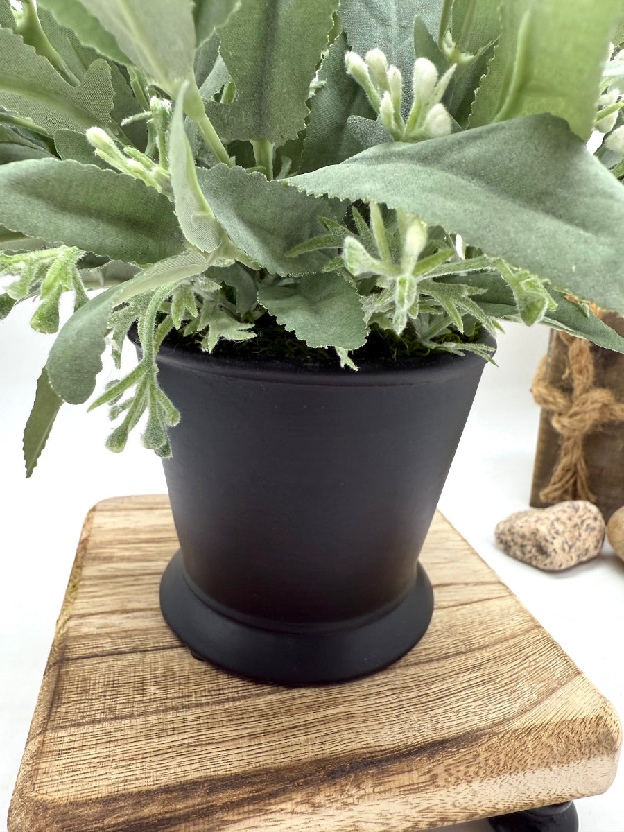small Faux Sage Arrangement in Black Ceramic Vase