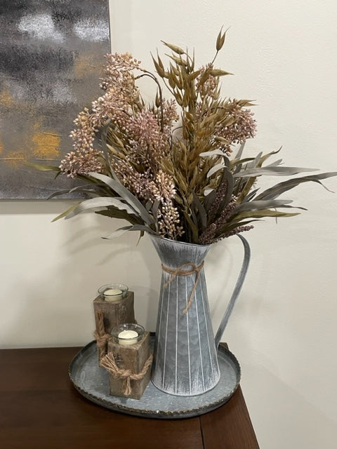 Tall Wheat Arrangement in Metal Can, Farmhouse Fall Home Decor, Autumn Stems in Galvanized Vase