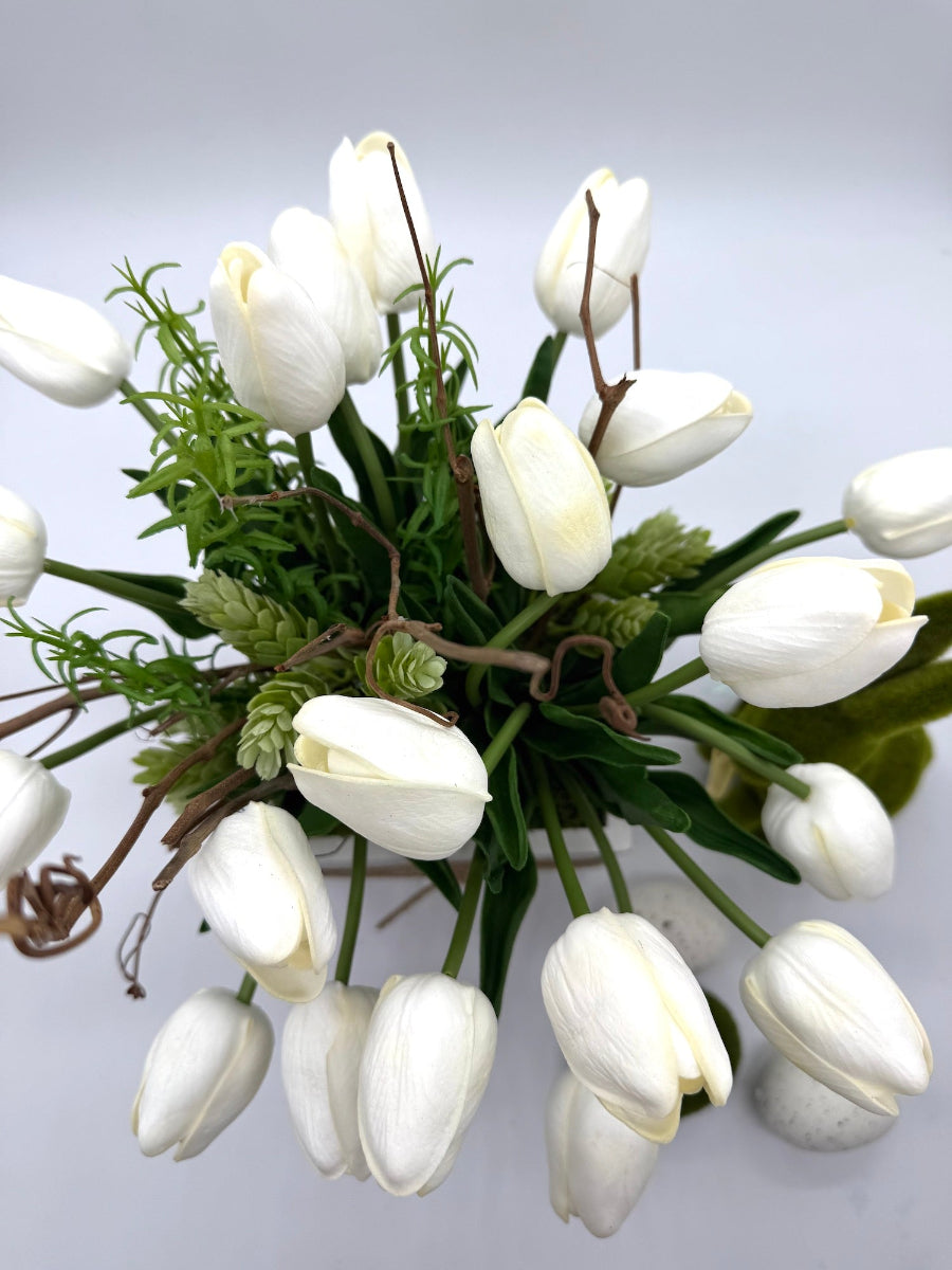 real touch white tulips with spring greenery in square wooden white vase