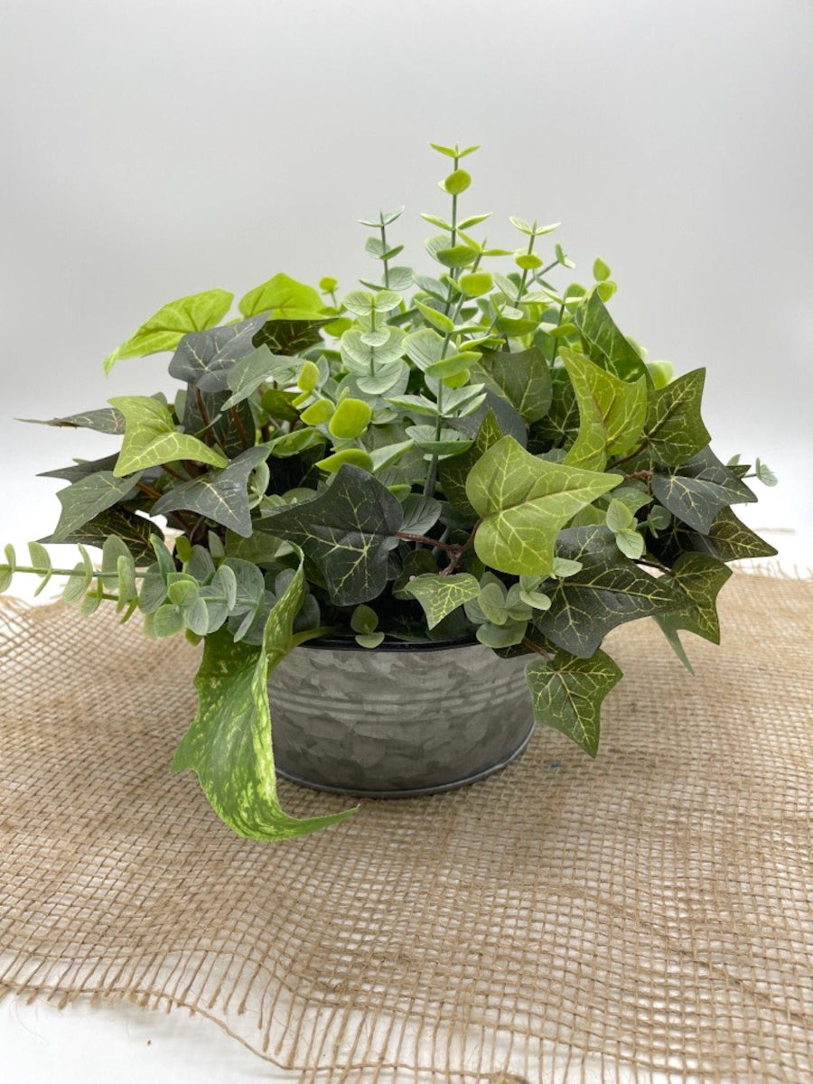 realistic Silk Plants Mix in round Metal Planter
