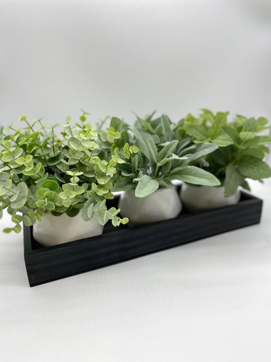 Herb Themed Arrangement SET of 3, Fake Plants Home Decor on Wooden Tray, by AllSeasonsHouseDecor