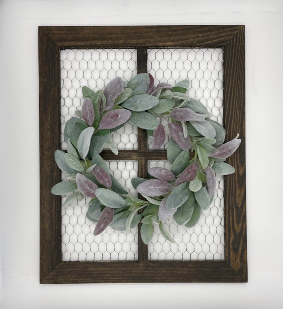 chicken wire frame wih lambs ear wreath