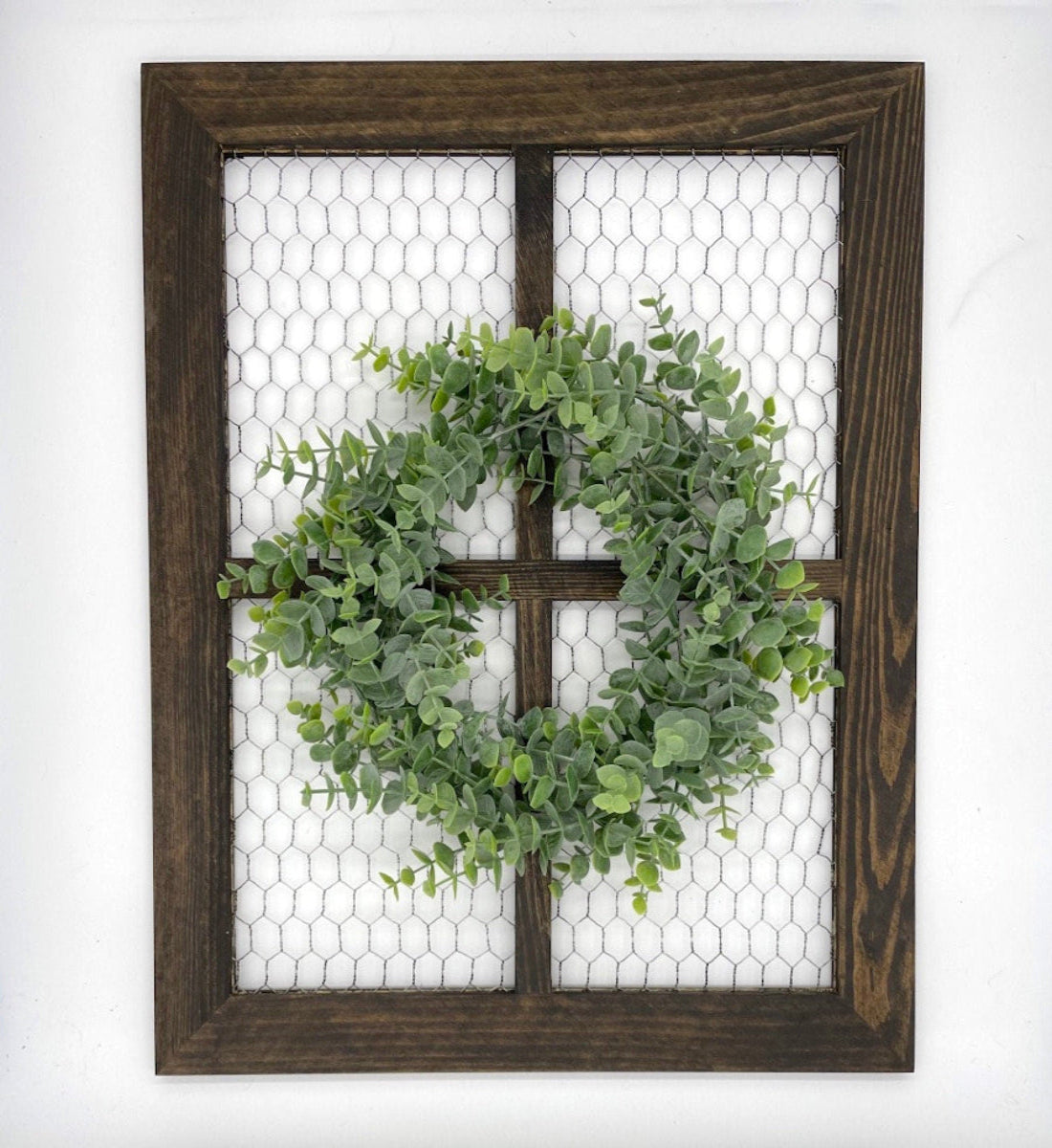 window frame with eucalyptus wreath, chicken wire frame