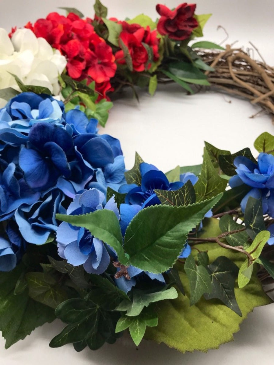 4th of July Wreath for Front Door with lush hydrangea flowers and greenery on grapevine base