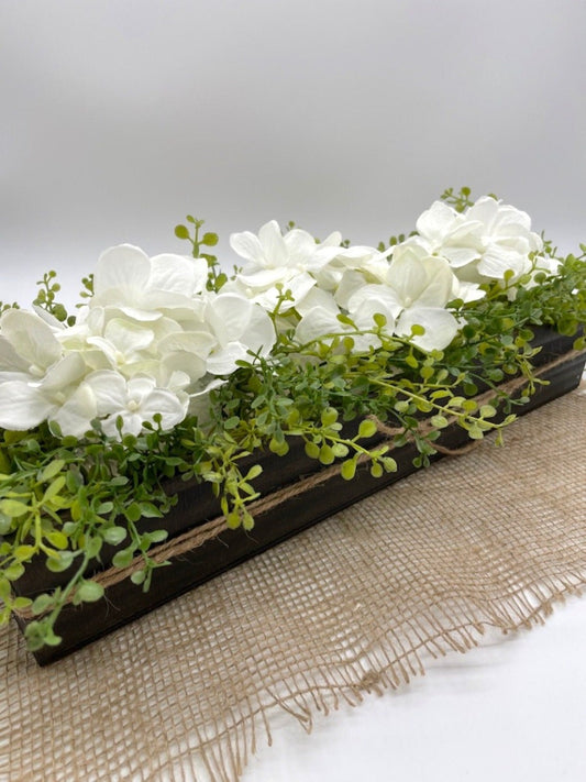 FarmhouseCenterpieceDiningTable, white hydrangea arrangement, by allseasonshousedecor