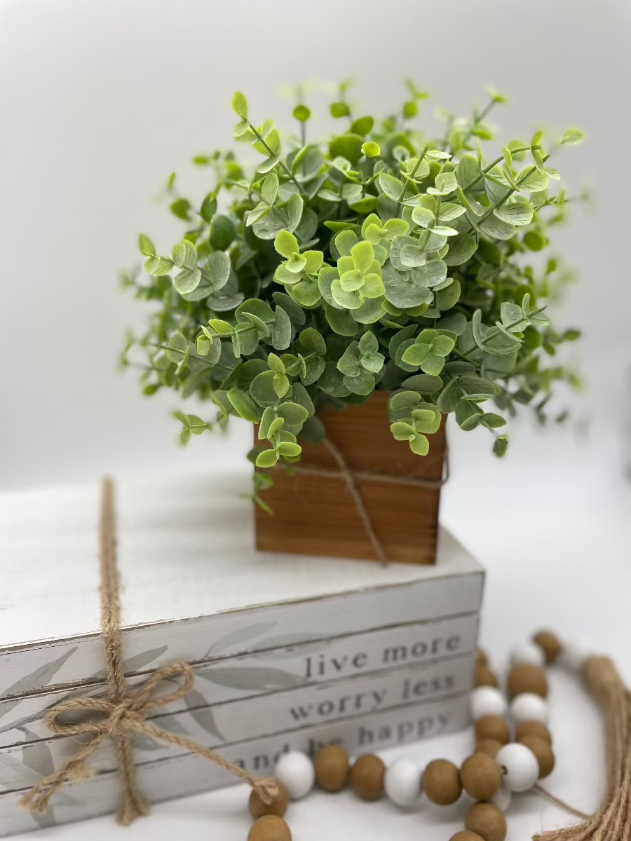 realistic Faux Eucalyptus in square Wooden Planter decorated with jute