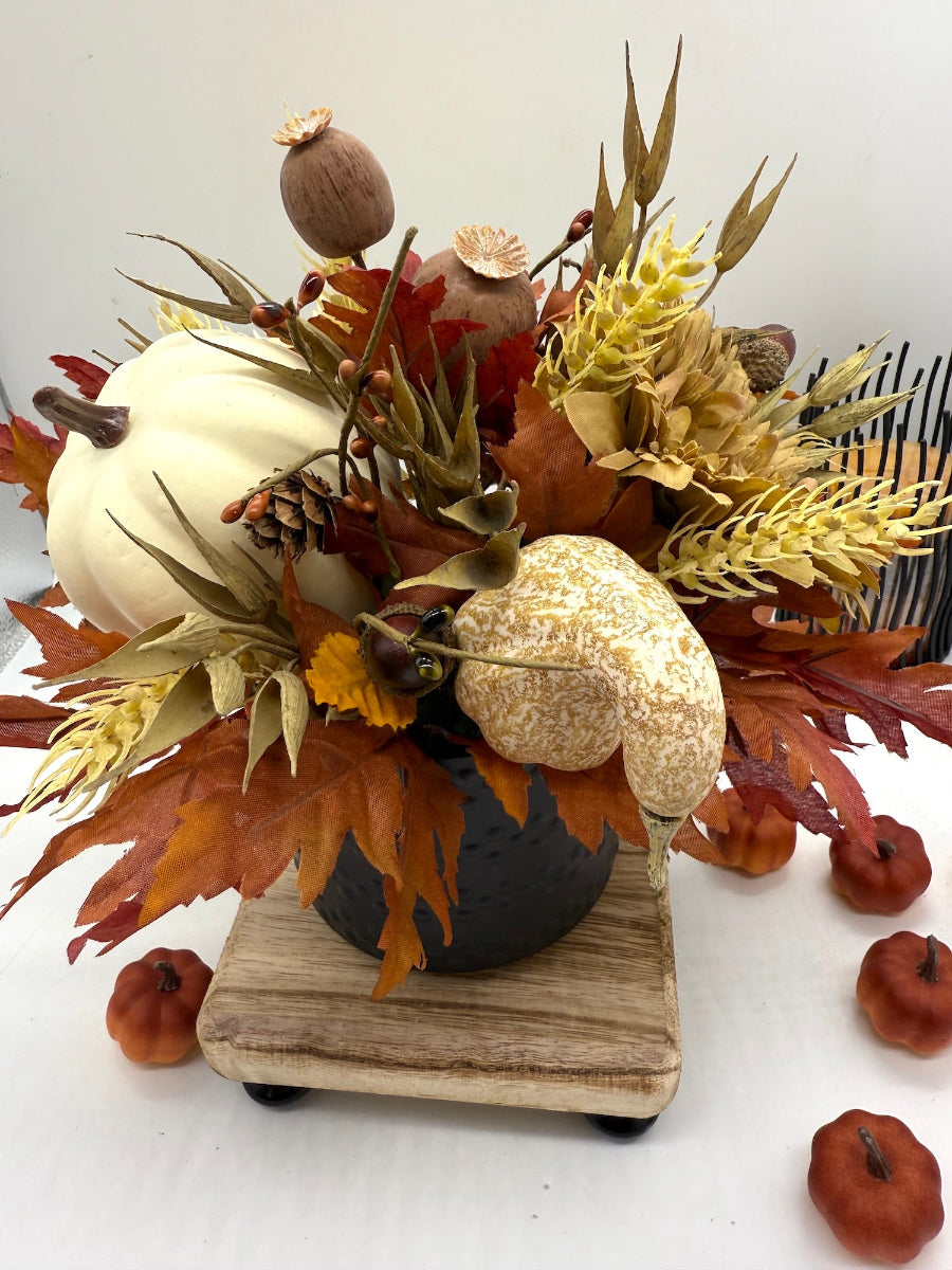 Fall Centerpiece with faux flowers, leaves, pumpkins in Black Vase – Thanksgiving Table & Home Decor