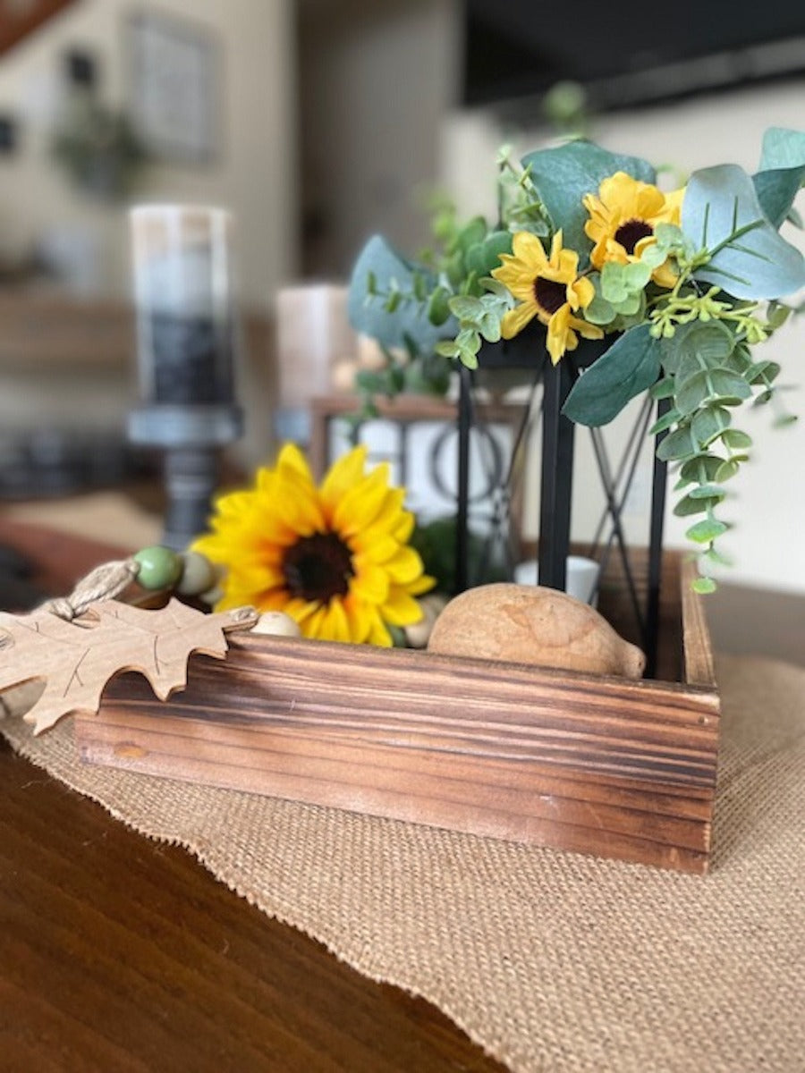Black Lantern Tray Decor with sunflower and wooden beads fall garland