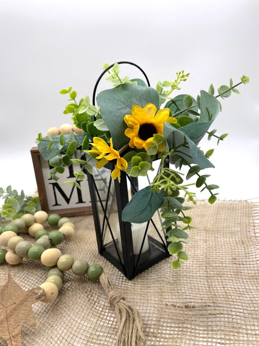 Black Lantern Tray Decor with sunflower and wooden beads fall garland